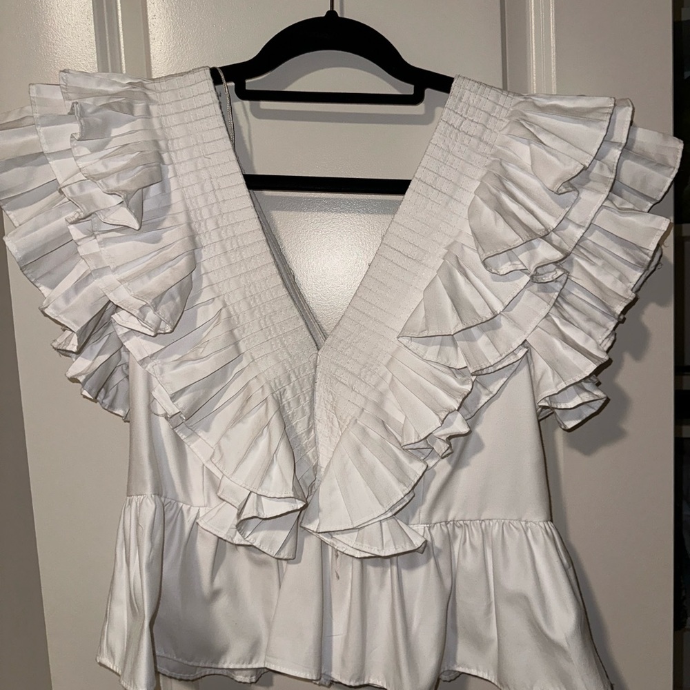 Zara White Ruffled V-Neck Blouse